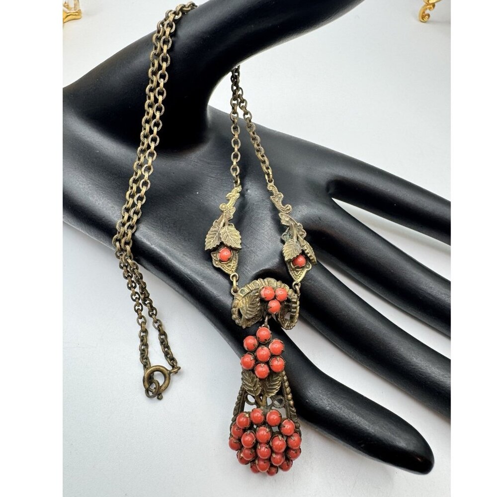 Vintage Victorian Revival Necklace Brass Faux Coral Czech Art Nouveau